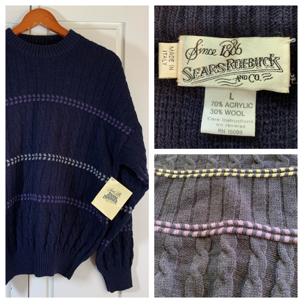 Vintage Sears Roebuck Italian Crew Neck Cable Knit Wool Blend Sweater - L